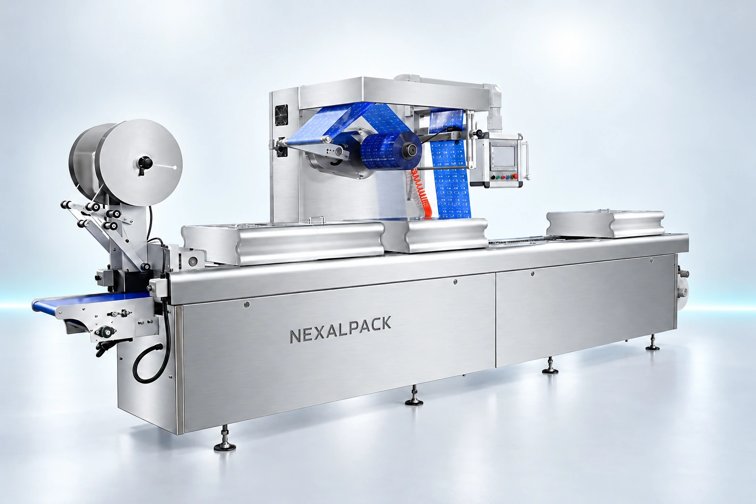 Studio render of NEX-320A thermoformer: opposite three-quarter view