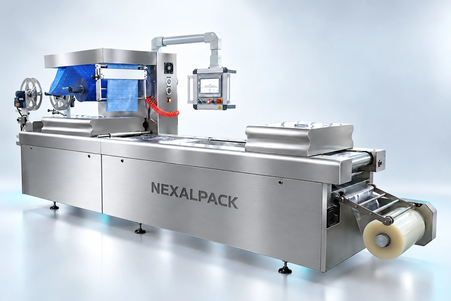 Studio render of NEX-420A thermoformer: three-quarter view from the discharge end