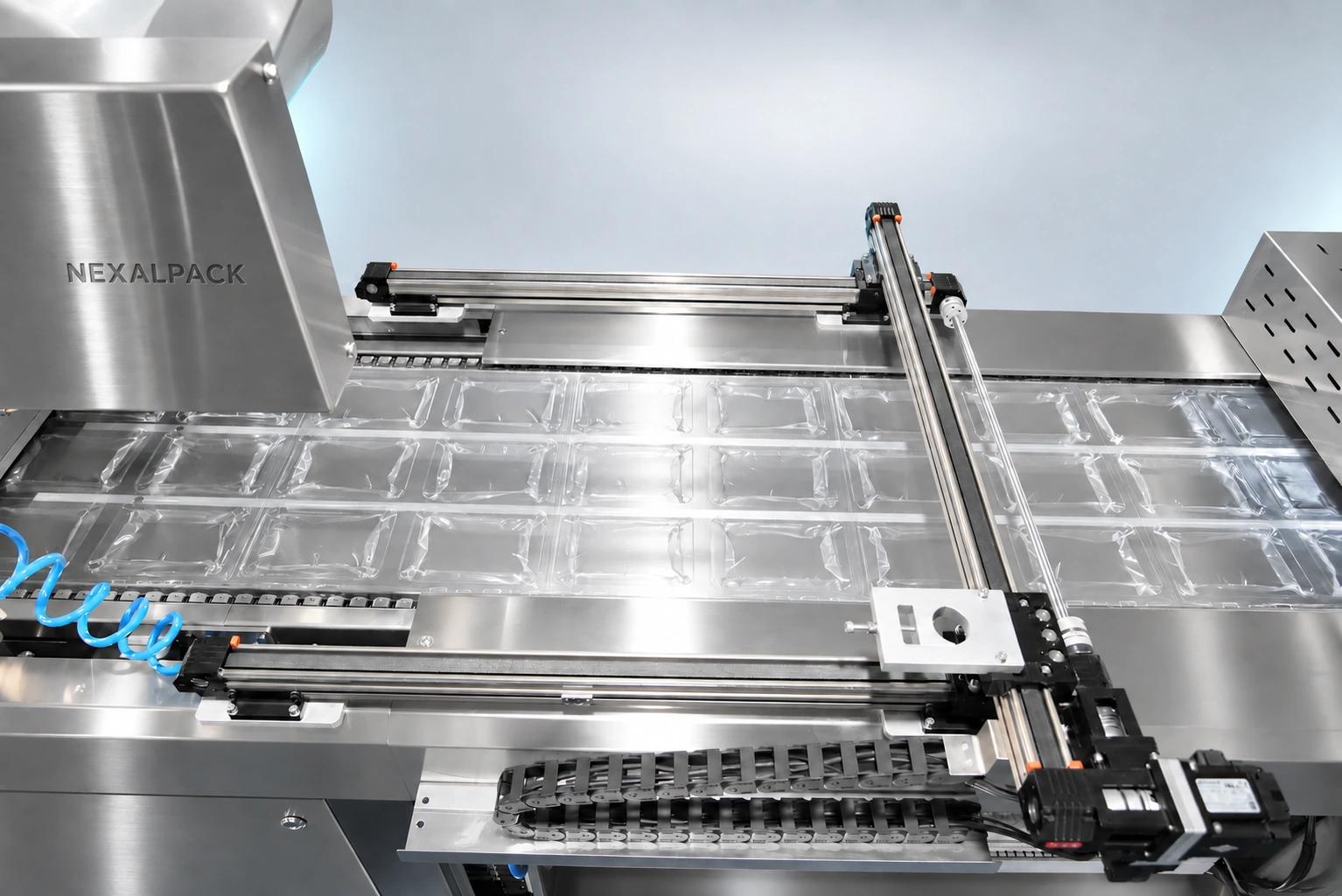 Studio render of NEX-420A-U thermoformer: cutting and discharge station detail