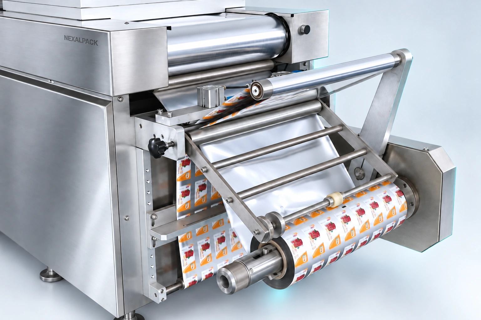 Studio render of NEX-420S thermoformer: film discharge and roller assembly detail