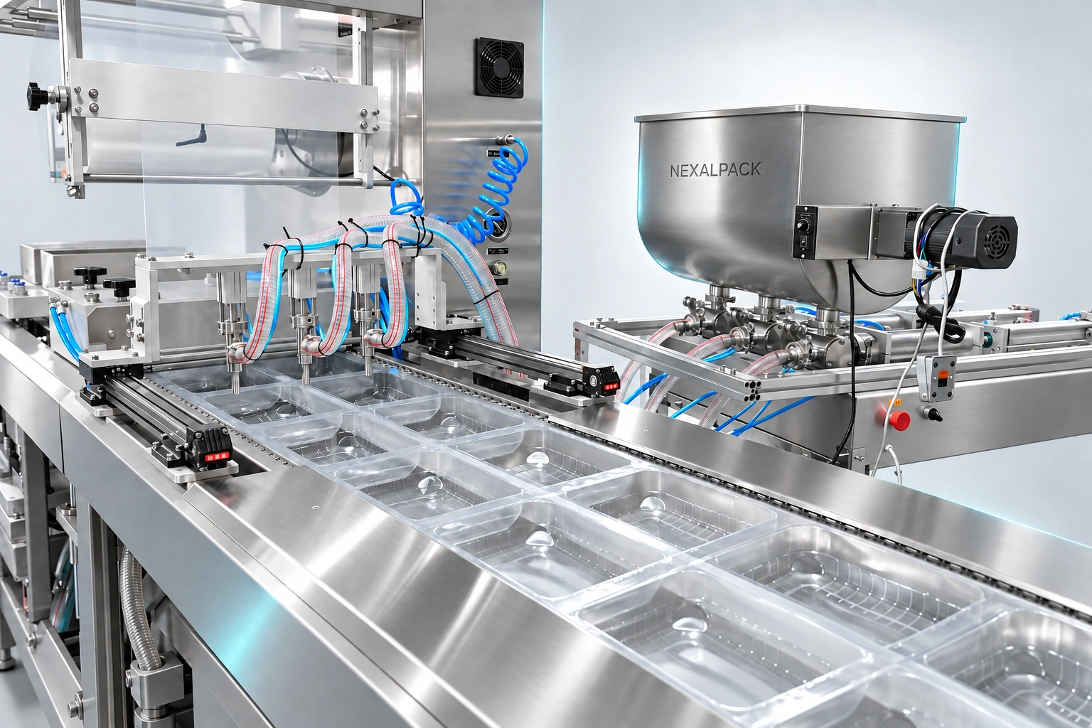 Studio render of NEX-420T(Q) thermoformer: open forming and sealing assemblies
