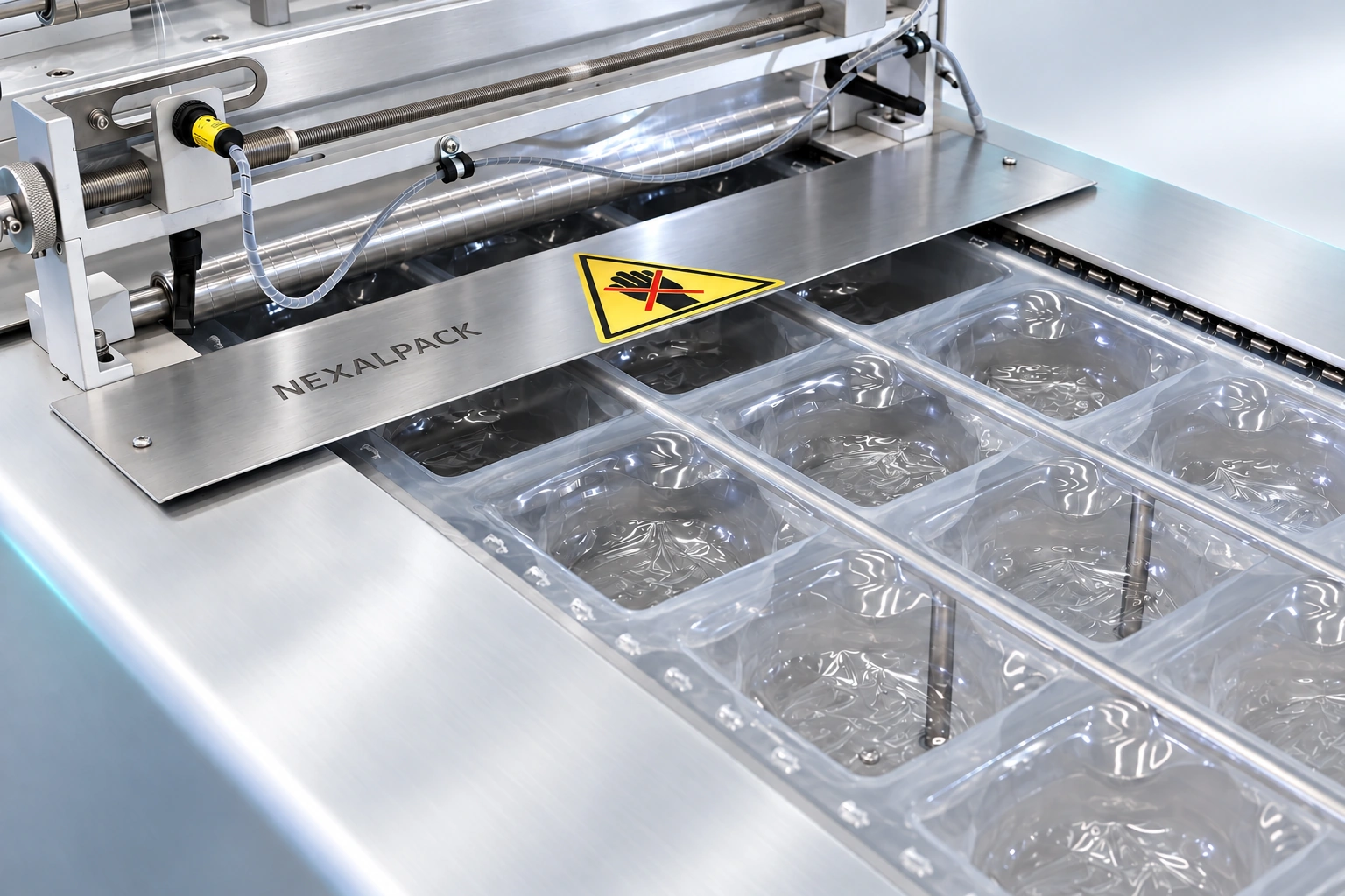 Studio render of NEX-520A thermoformer: formed film and sealing station detail